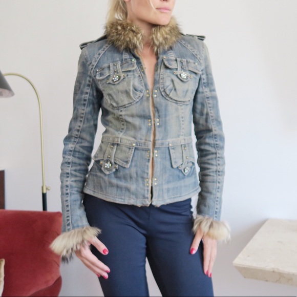 Gizia Denim Coat w/ real fur - Picture 3 of 15